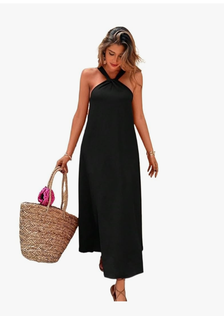 Women's 2025 Summer Plain Cami Slip Midi Dress Solid Color Loose Midi Dress, Size L