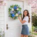 Pinkpuii 26 Inch Spring Wreaths for Front Door Outside Large Artificial Summer Wreath with Blue Hydrangea, White Peony Flowers and Eucalyptus Leaves Indoor Outdoor Porch Farmhouse Home Wall Dcor