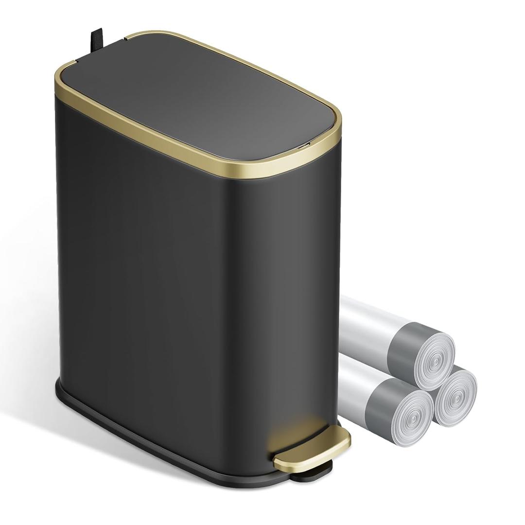 KUK Small Bathroom Trash Can with Lid Soft Close, Step Pedal, 2.6 Gal Stainless Steel Garbage Can with Removable Inner Bucket, Anti-Fingerprint Wastebasket for Office, Bedroom, Toilet (Black)