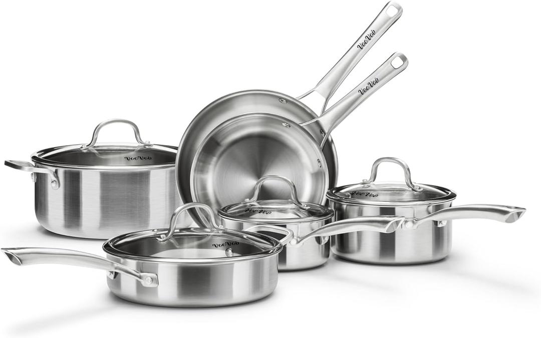 VocVoi Stainless Steel Cookware Set,Tir-Ply Pots and Pans Set,10 Pcs Stainless Steel Induction Kitchen Cookware Sets,PFOA Free, Frying Pans,Saucepans,Saute Pan & Stock Pot,Compatible with All Cooktops