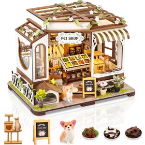 DIY Miniature House Kit,Pet Shop Dollhouse Miniature Kit with LED & Furniture,Mini Diorama House Building Kit for Adults Teens,3D Wooden Crafts Tiny House Mini Model Kit,Home Decor Birthday Gifts