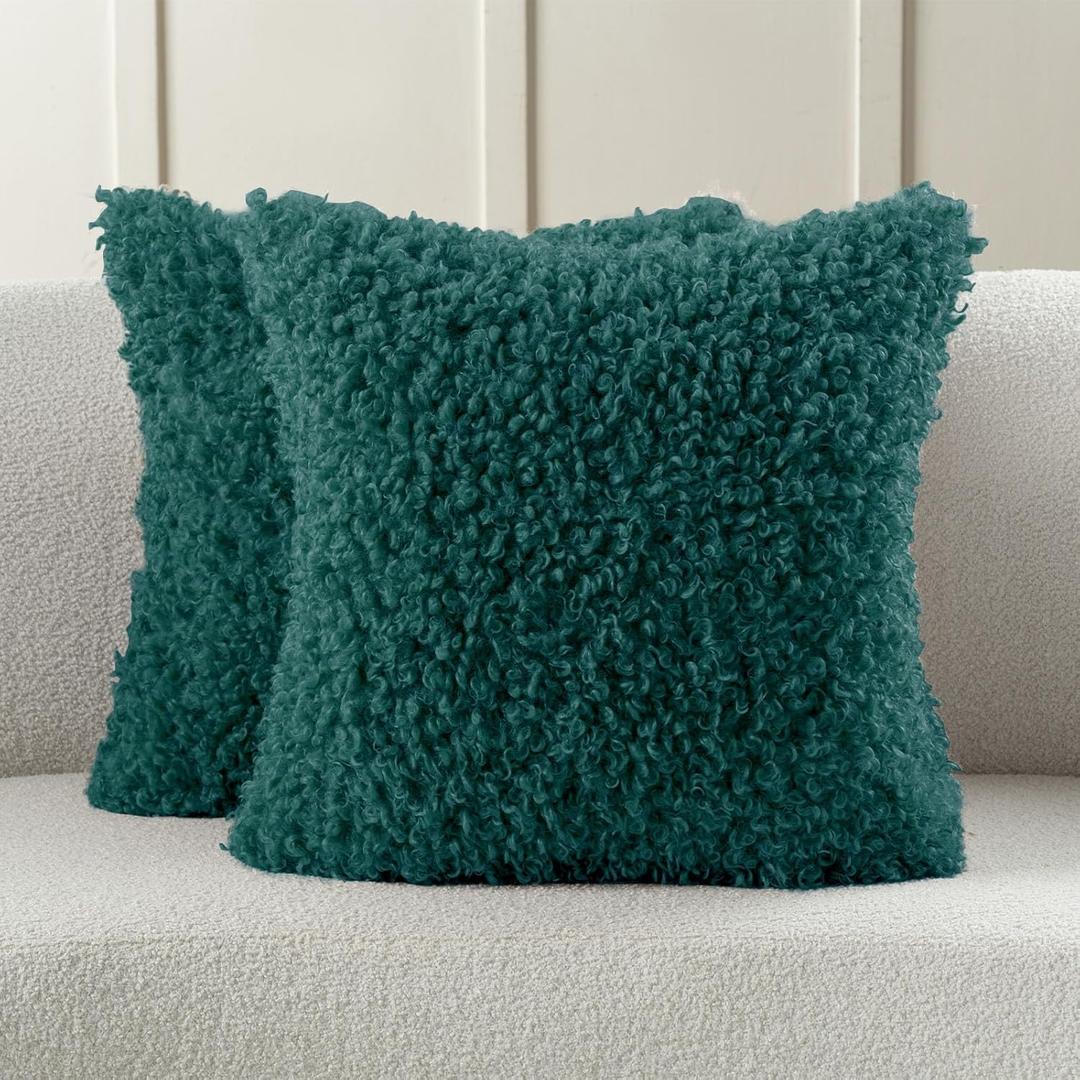 FUTEI Pack of 2 Decorative Throw Pillow Covers 18x18 Inch,Soft Fluffy Faux Wool Fur Boucle Textured Cushion Case,Modern Home Decor for Couch Bed Living Room Office,Teal