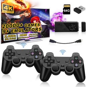 Wireless Retro Game Console Stick, Upgrade Retro Video Gaming Stick Built in 20000+ Games with 9 Emulators,4K HDMI Output with 2 Pack 2.4G Wireless ControllersGame Emulator Console 202464GB Black