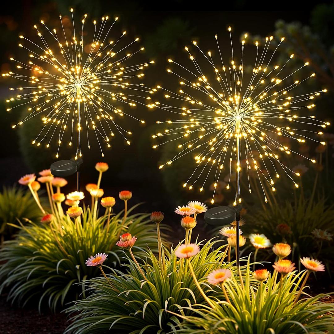 Solar Lights Outdoor, 120LED 2pack Fairy Garden Lights Decor for Outside Fireworks Lights Solar Powered for Yard, Patio, Pathway, Walkway, Balcony, Warm White