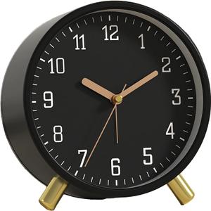 SHISEDECO Alarm Clock with Backlight, 4.5 inches Bedside Analog Non-Ticking Silent Small Deskclock with Arabic Numerals, Battery Operated Round Tableclock for Living Room, Bedroom (Black Color)