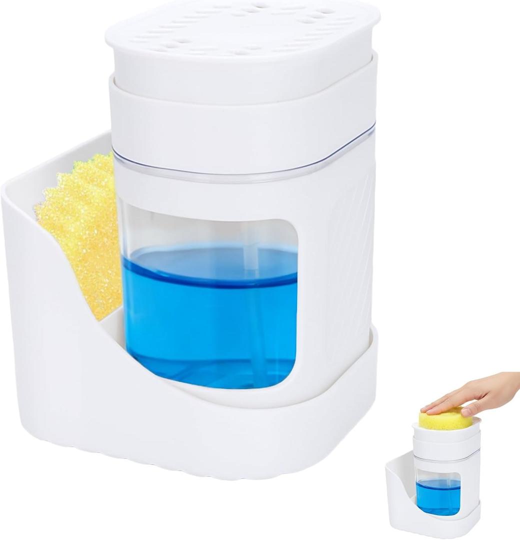 Dish Soap Dispenser Compatible with Scrub Daddy, Kitchen Dishwashing Liquid Dispenser with Sponge Holder, 2 in 1 Dishwashing Soap Pump, Easy to Refill and Clean, Ideal for Kitchen Countertop, White
