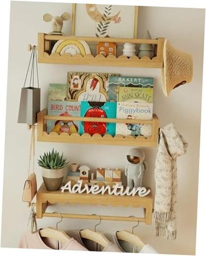 Kids' Wall Bookshelves – Set of 3 Scalloped Floating Shelves, 0.8" Thick Nursery Book Shelves with Wooden Hooks, Perfect for Boys & Girls – Decorative Wall Organizer for Toys, Photos & Decor, Brown