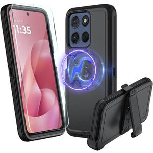 for Motorola Moto G 5G 2026 Case, Moto G Play 5G 2026 Heavy Duty case, [Glass Screen Protector] [Military Grade Protective ] [Shockproof] [Dropproof] [Dust-Proof] (with Belt Clip,MAG- Black)