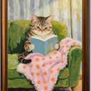 Framed Cat Reading Books Canvas Wall Art Cute Sofa Cat Reading Books Wall Decor Pictures Funny Animal Poster Prints for Bedroom Reading Nook Kids Girls Room 8x12 in