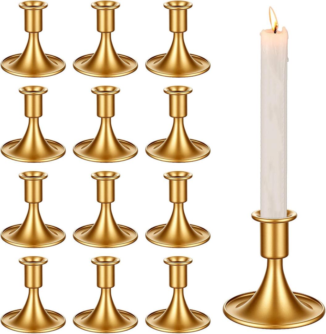 12 Pcs Gold Candle Holders Candlestick Holders, Gold Brass Color Vintage Candle Taper Holder for Table Centerpiece, Wedding Reception, Festive Christmas Mantel Decoration or Home Decor
