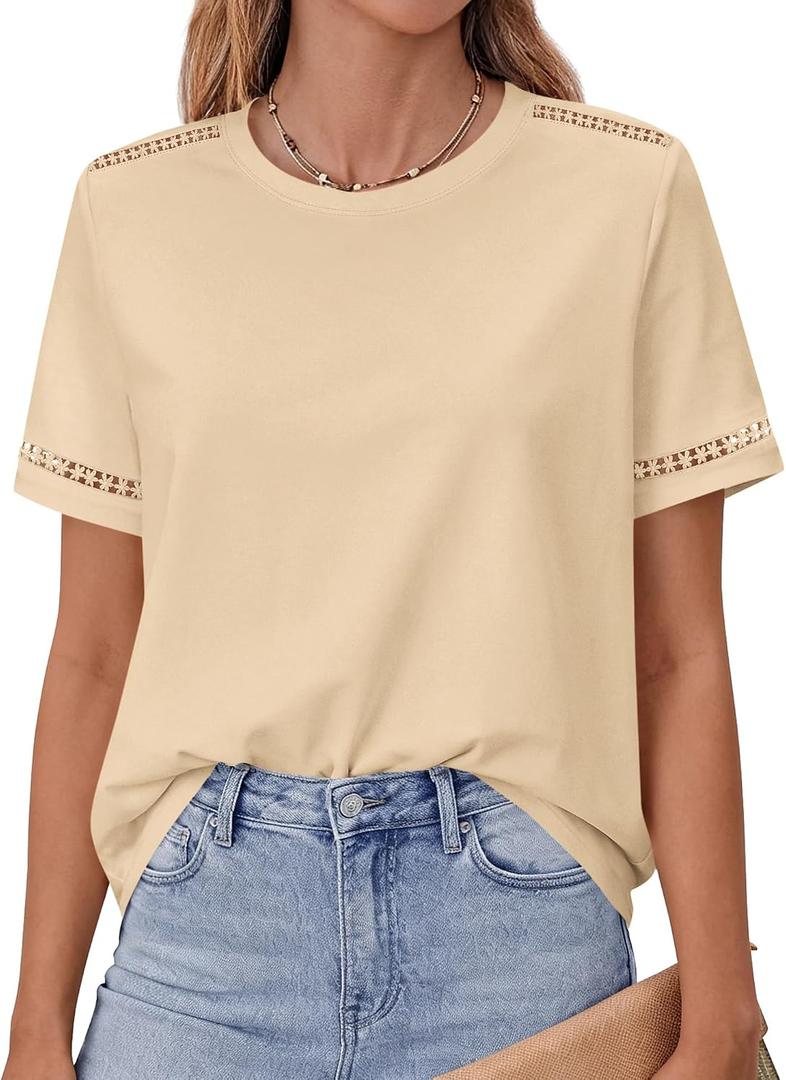 BTFBM Short Sleeve Shirts for Women 2026 Lace Summer Tops Spring Casual Loose Crew Neck T-Shirt Cute Vacation Outfits (S)