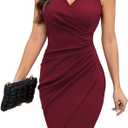 IHOT 2026 Women's Sexy V Neck Sleeveless Faux Wrap Ruched Sheath Bodycon Cocktail Party Work Dress (Medium, Wine-red)