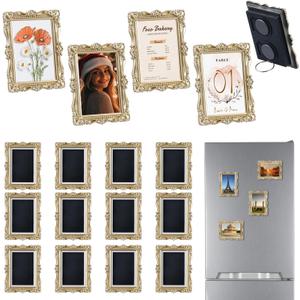 Wonderjune 12 Pcs Vintage Mini Picture Frames Bulk for 2" x 3" Size Picture DIY Magnetic Fridge Magnets Small Gold Ornate Photo Frame Antique Table Decor for Wedding Party Menu(Retro)