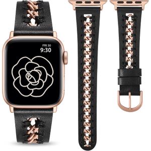 Minyee Leather Band Compatible with Apple Watch Bands 38/40/41/42/44/45/46/49mm Women, Dressy Premium Leather Strap with Stainless Steel Metal Chain for iWatch Series 11 10 9 8 7 6 5 4 SE/Ultra 3 2 1