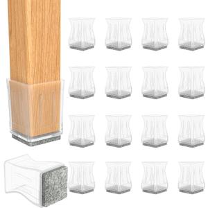 Clear Square Chair Leg Protectors for Hardwood, 16Pcs Silicone Chair Legs Caps to Prevent Floor from Scratches and Reduce Noise, Easy to Move(1 3/4 Inch).