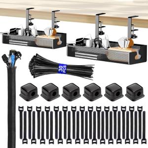 Cable Management Tray Black Under Desk 2 Pack 15.7" Cable Management Kit No Drill Cable Management Box Cord Organizer for Desk Wire Management Cable Basket for Home Office with Accessories
