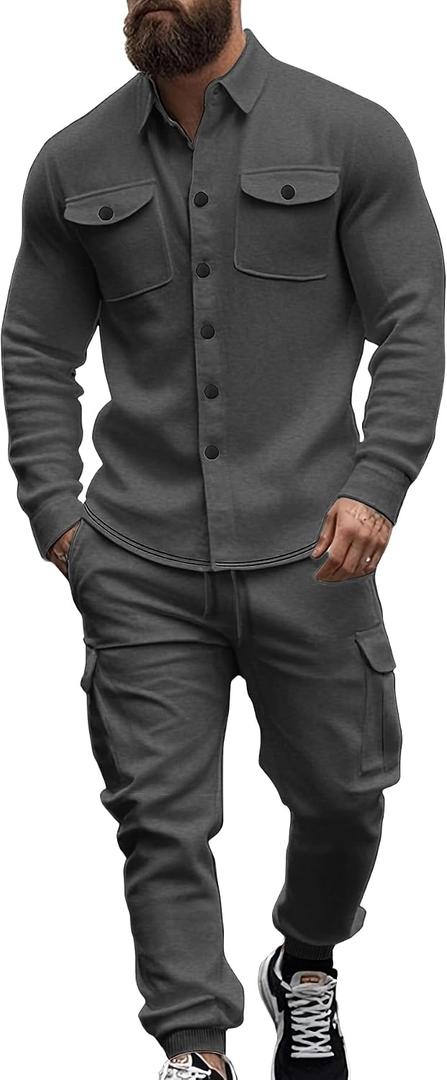 Men's Fleece Cargo Jacket Tracksuit Set 2 Pieces Solid Color Long Sleeve Button up Jacket and Cargo Pants Set, XL