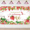 Avezano Strawberry First Birthday Banner Berry Sweet Girl 1st Birthday Backdrop Our Berry Sweet is Turning One Decorations for Birthday Party Cake Table Supplies