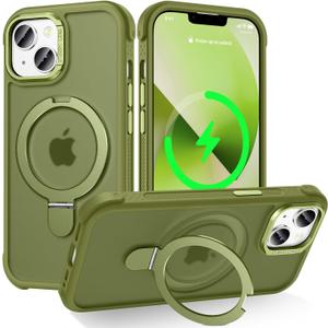 Designed for iPhone 13/14 Case with Magnetic Stand, [Military Drop Protection][Great Grip Feeling] Matte Translucent Back Slim Shockproof Phone Cover for iPhone 13/14 6.1", Olive