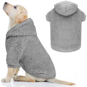 Fuzzy Dog Hoodie Dog Sweaters for Large Dogs Soft Double-Sided Plush Fleece Sweater Clothes Coats Hoodie Sherpa Hooded Sweatshirt(Grey-L)