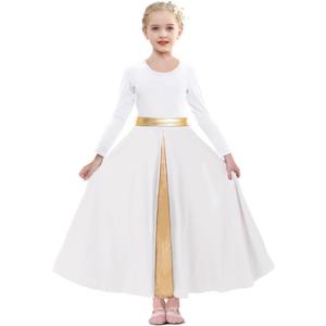 Girls Long Sleeve Praise Dance Dress Swing Skirt Liturgical Worship Costume Church Robe Dancewear (White) 7-8 Years