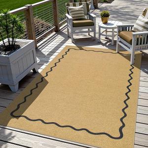 Outdoor Patio Rug 5x7 Washable Easy Jute Rug, Non-Skid Scalloped Geometric Floor Mats for Living Room, Neutral Modern Foldable Low-Pile Minimalism Carpet for Bedroom Backyard Home Decor