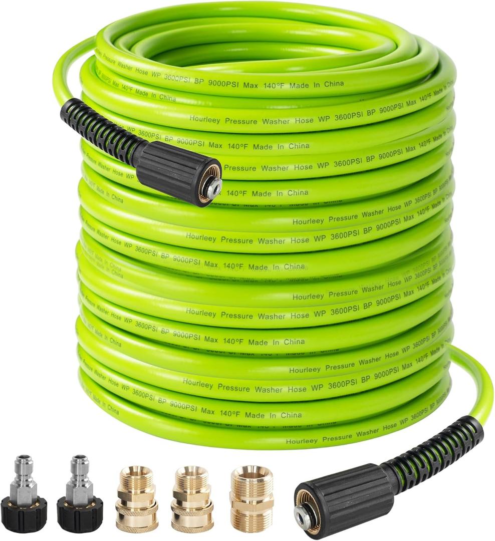 Hourleey Pressure Washer Hose 50 FT, 3600 PSI Flexible Kink Resistant Power Washer Hose Replacement, 1/4" Quick Connect Pressure Hose Extension, Green