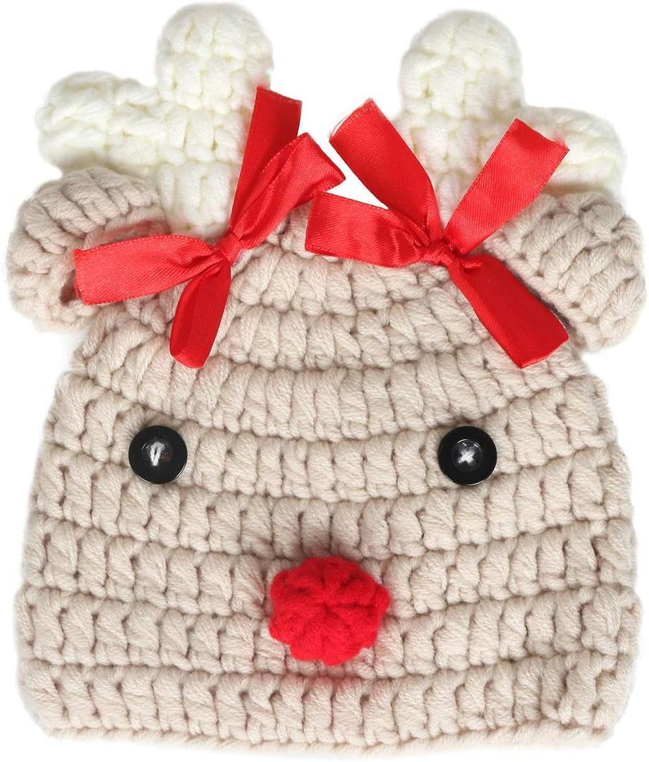 Ypser Infant Baby Knitted Beanie Photo Prop Crochet Knit Cap Christmas Cap Deer Hat with Bow (One Size, Beige(0-3 Months))