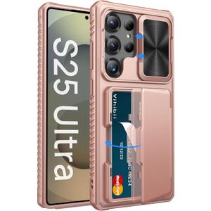 Vihibii for Samsung Galaxy S25 Ultra Case with Card Holder (4 Cards), [RFID Blocking] & Slide Camera Cover, Military Grade Drop Protection, Rugged Wallet Cover for Samsung Galaxy S25 Ultra, Rose Gold