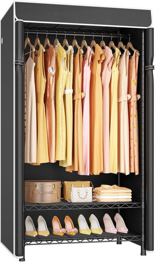 H5C Clothes Rack with Cover, Portable Closet for Hanging Clothes, Covered Clothing Racks Heavy Duty, Freestanding Garment Racks with Shelves Max Load 360LBS Black Closet Rack with Black Cover