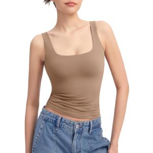 PUMIEY Women's Square Neck Tank Top Sleeveless Double Lined Basic Tops Sharp Collection (X-Large, Taffy)