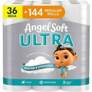 Angel Soft Ultra Toilet Paper, 36 Mega Rolls = 144 Regular Rolls, 2 Ply Toilet Tissue