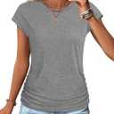 SAMPEEL Womens Summer Tops Trendy 2025 Ruched Cap Short Sleeve Tshirts Shirts Crew Neck T Shirts Fashion (Gray, S)