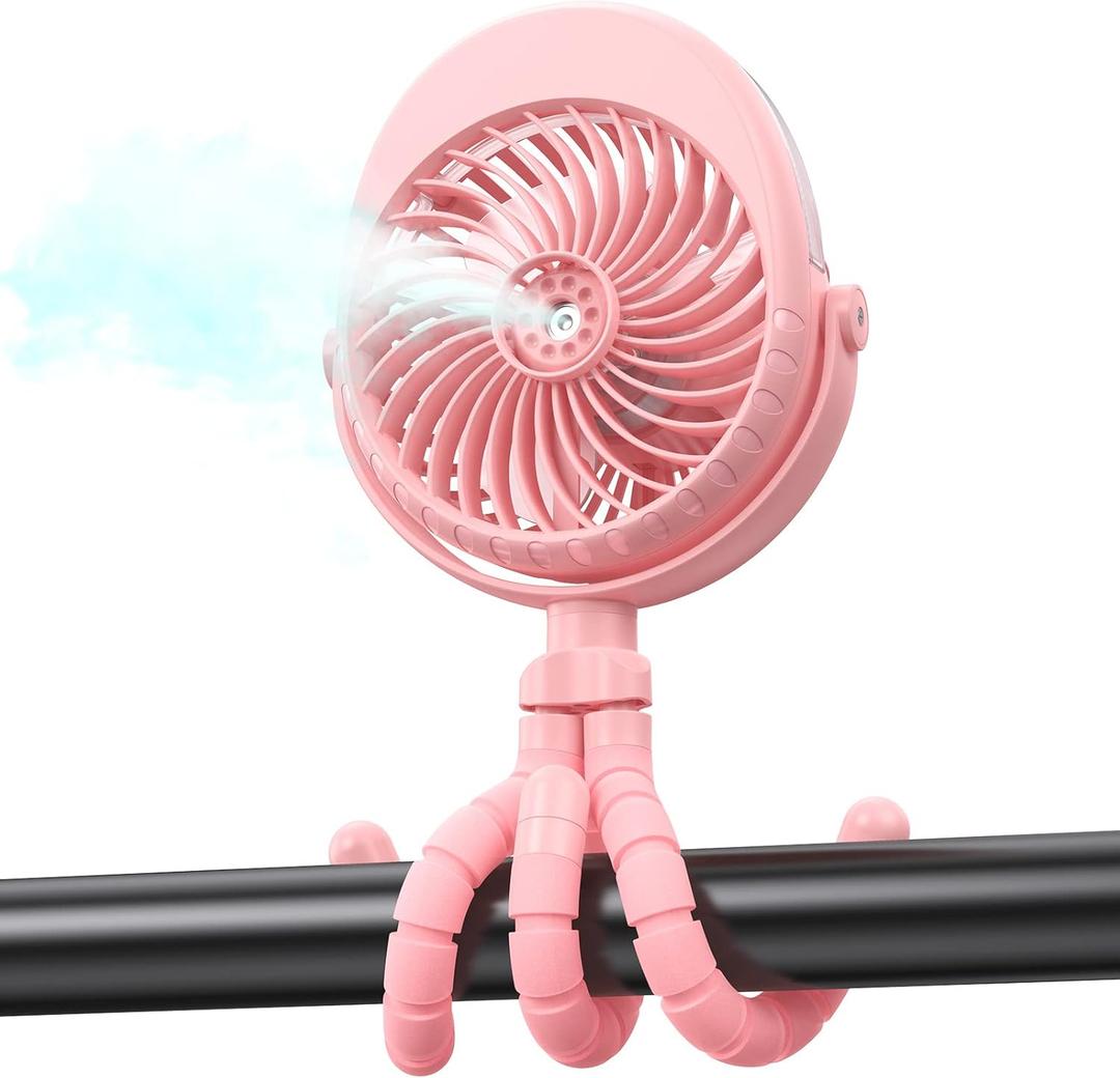 Portable Stroller Fan with Mist, Rechargeable Misting Fan with Flexible Tripods, 360 Pivot Personal Mister for Cooling Outdoor Travel Beach Umbrella Wagon Crib Treadmill Car (Pink)