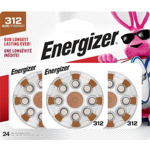 Energizer Size 312 Hearing Aid Batteries, EZ Turn & Lock Hearing Aid Batteries Size 312, 24 Count (Brown Tab)