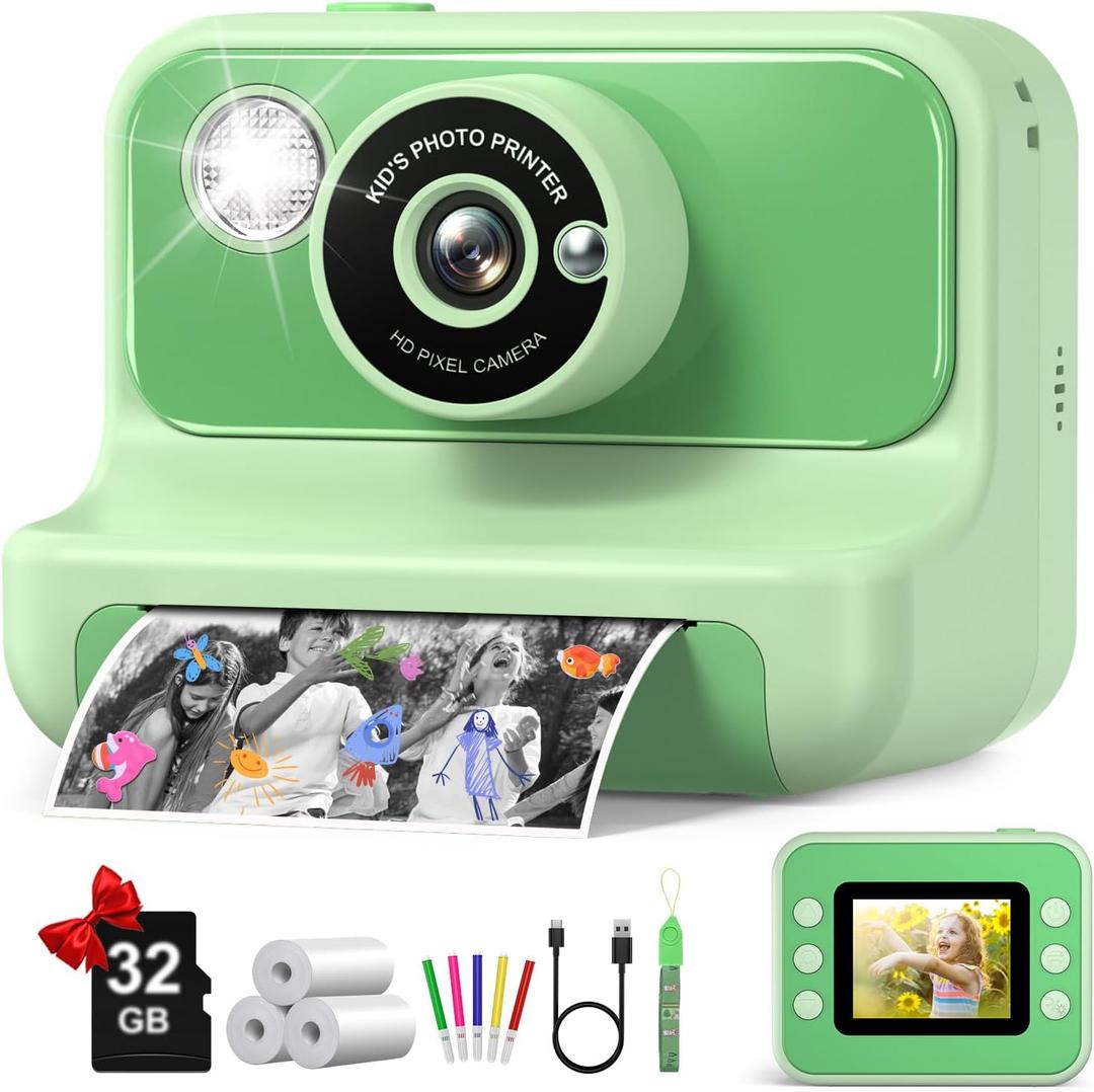 Kids Camera Instant Print, Christmas Birthday Gifts for Girls and Boys, Kids Camera 1080P HD Video Digital Toddler Camera Toy for 3 4 5 6 7 8 9 10 11 12 Years Old (Green)