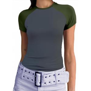 Abardsion Trendy Baby Tees for Women Y2K Shirts Cute Short Sleeve Crewneck Slim Fit Going Out Tops (X-Small, Dark Grey & Army Green-sleeve)