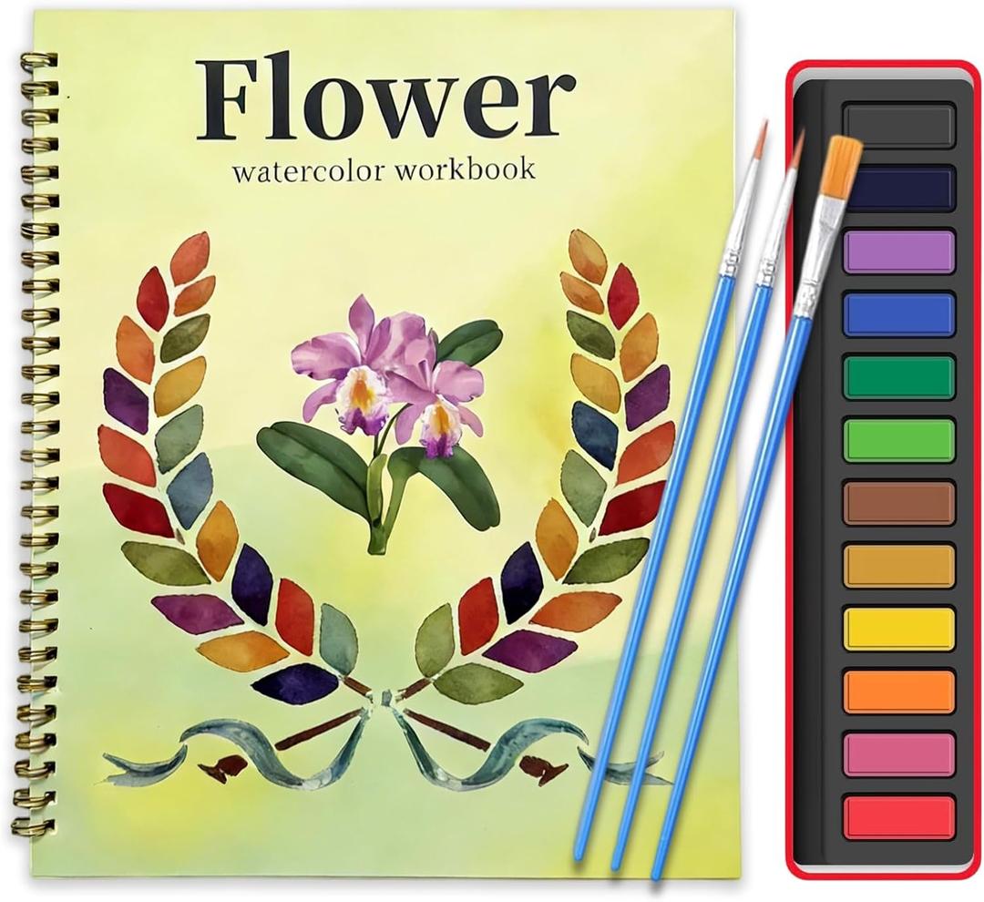 2 x Watercolor Workbook, Large 10.3x8.3 Beginner Friendly Watercolor Painting Kit with Thick Paper & 3 Brushes Included, Bird, Animal, Ocean & Flower Themes