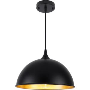 Black Pendant Light, Farmhouse Pendant with Golden Interior Paint, 11.8 Inch Dome for Kitchen, Dining Room, Bar, Foyer, Hallway