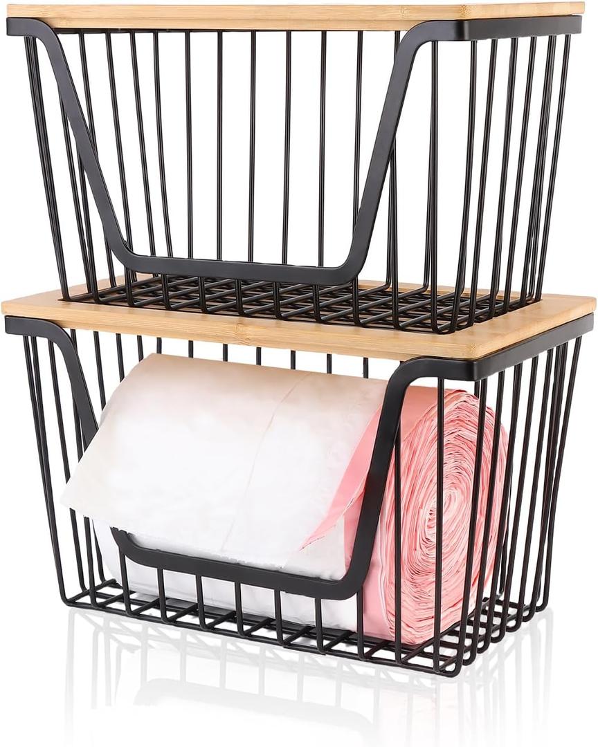 2 Pack Storage Stackable with Bamboo Top for Kitchen Laundry Room Organizers, Large Trash Bag Holder and Garbage Bag Dispenser