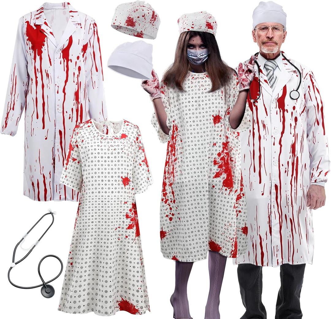 Halloween Unisex Hospital Gown - Bloody Pattern Printed Doctor and Patient Gown Costumes 2026 with Blood Gauze Roll Halloween Couples Costume Set for Scary Cosplay Party Men Women Costume