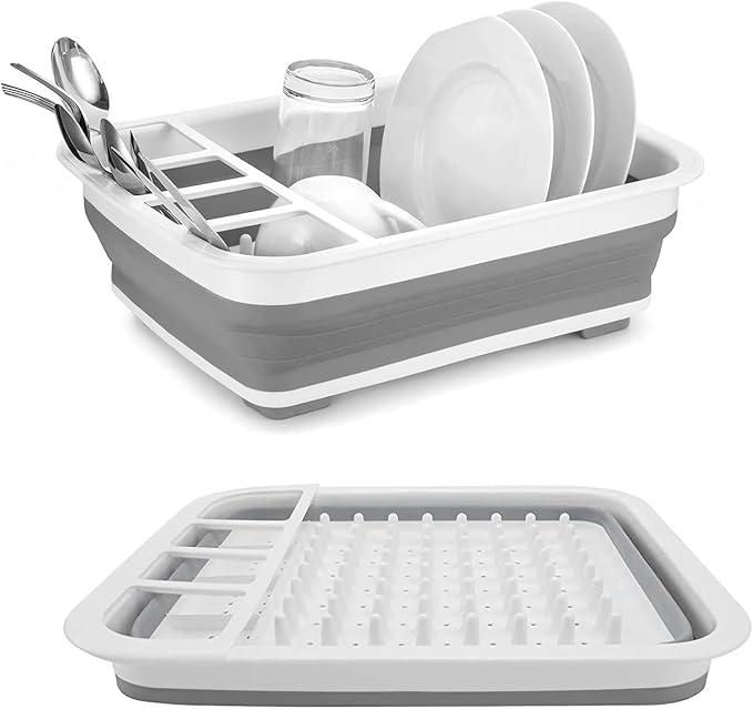 Collapsible Bowls, Plates, and Dishes Drainer, Portable Space-Saving Dish Rack for Kitchen, RV, Campers, and Travel Trailers White Grey