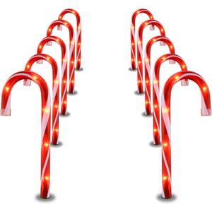 Candy Cane Lights - 10 Pack Candy Cane Pathway Lights, 10" Christmas Candy Cane Light Red, Outdoor Candy Cane Christmas Decor for Walkway, Driveway, Sidewalk, Garden, Xmas Path Stake Light Markers