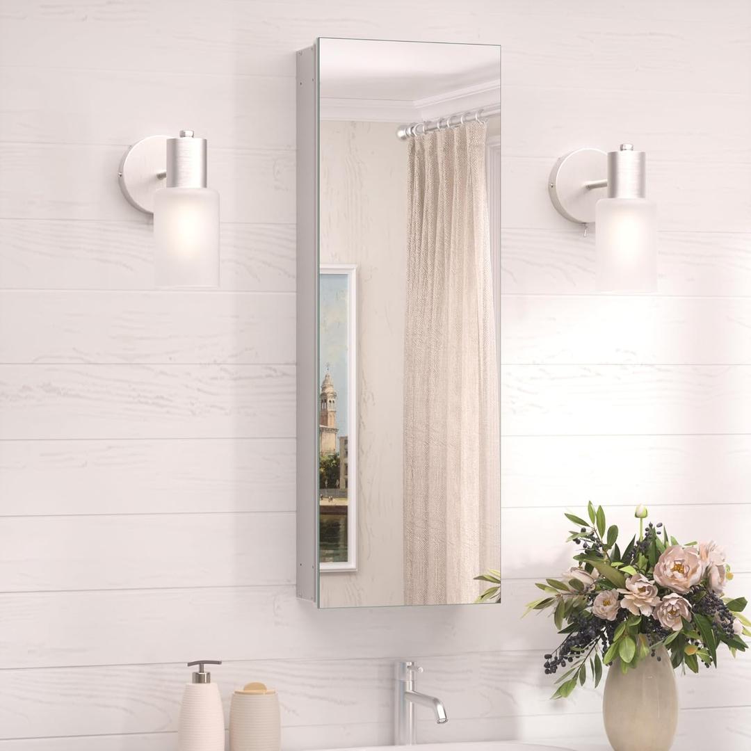 TokeShimi 12 x 36 Farmhouse Medicine Cabinet Recessed or Surface Mount Aluminum, Mirror with Stepless Adjustable Storage, Silver Bathroom Mirror Medicine Cabinet Frameless Metal Modern