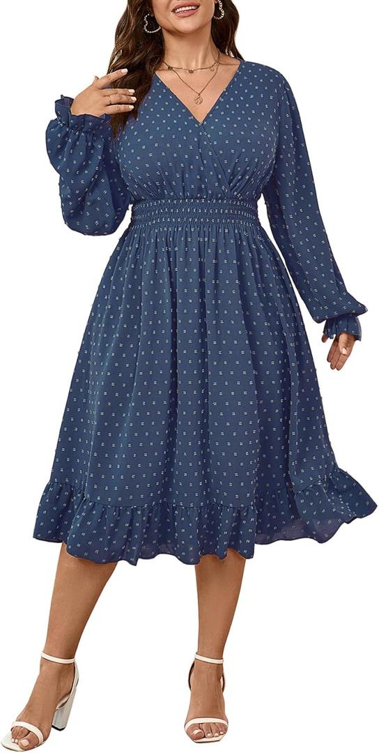 Women's Plus Size Fall Dress Long Sleeve V Neck Smocked Swiss Dot Flowy High Waisted A Line Ruffle Midi Dress (Blue)