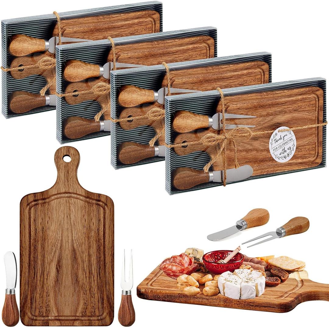 Ziliny 4 Set Bridal Baby Shower Cheese Prizes Wooden Square Board Gift Set Knives Forks Thank You Tags with Box for Guests for Valentines Bridal Baby Shower Housewarming Gifts (Acacia Color)
