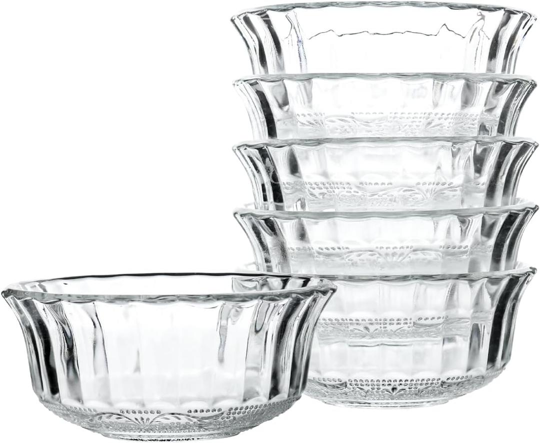 HillSpring Small Glass Bowls for Dessert, Snack, Fruit, or Nuts, 4.5" Textured Bowls Set for Kitchen Prep, 9.5 ounce Capacity Dip Bowls, Portion Control Bowls, Set of 6 (6)
