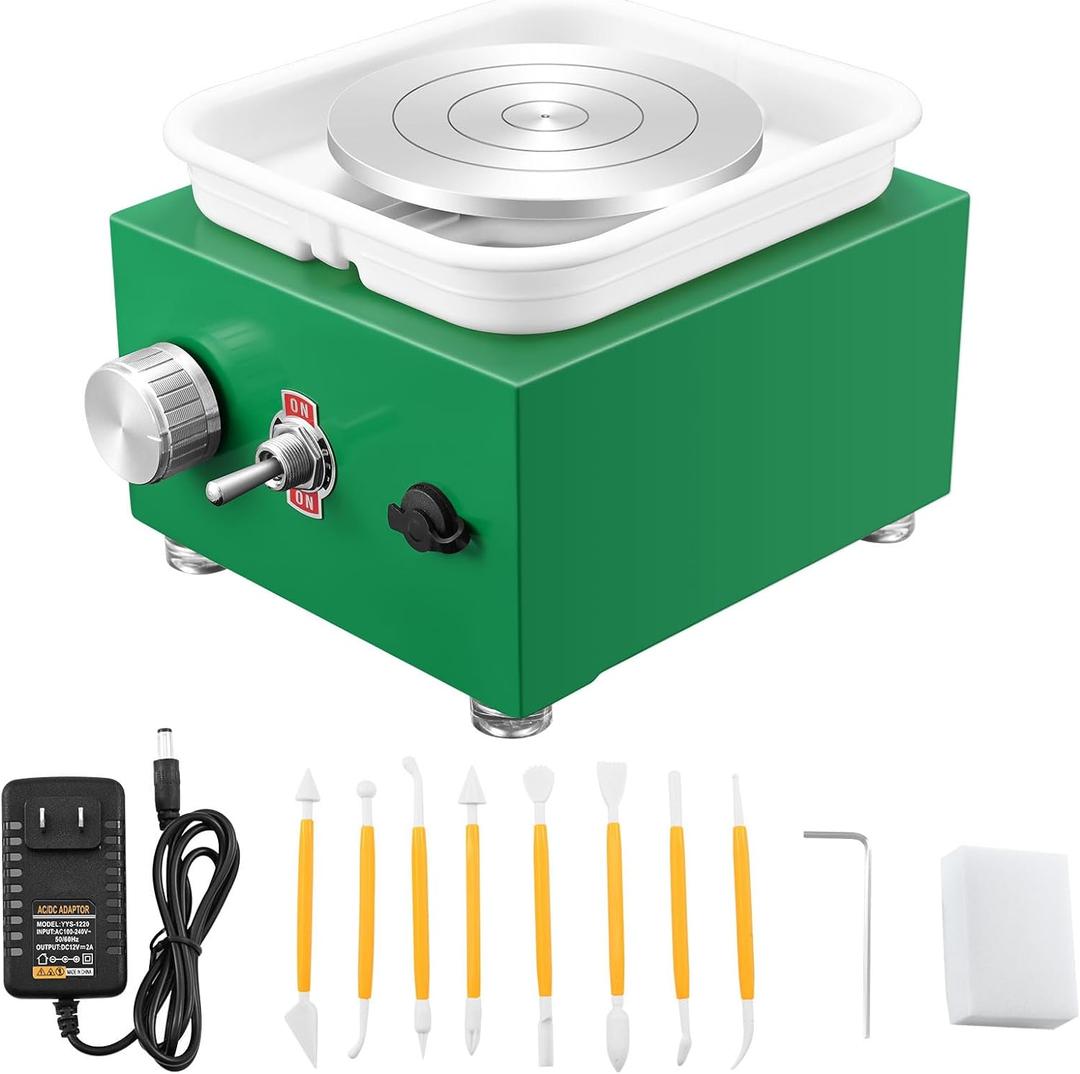 Mini Pottery Wheel Machine for Adults & Beginners, 2 Turntables (3.94" & 2.56") | 0-2000 RPM Adjustable Speed Pottery Machine Removable Splash Tray Ceramic Making Kit Includes 8 Sculpting Tools (Green)