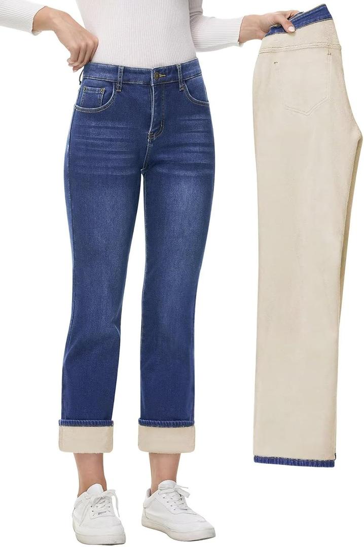 AMRSPENG Women's Fleece Lined Jeans Women Straight Leg Jeans Winter High Waisted Fleece Lined Denim Pants (12, #2_dark Blue)
