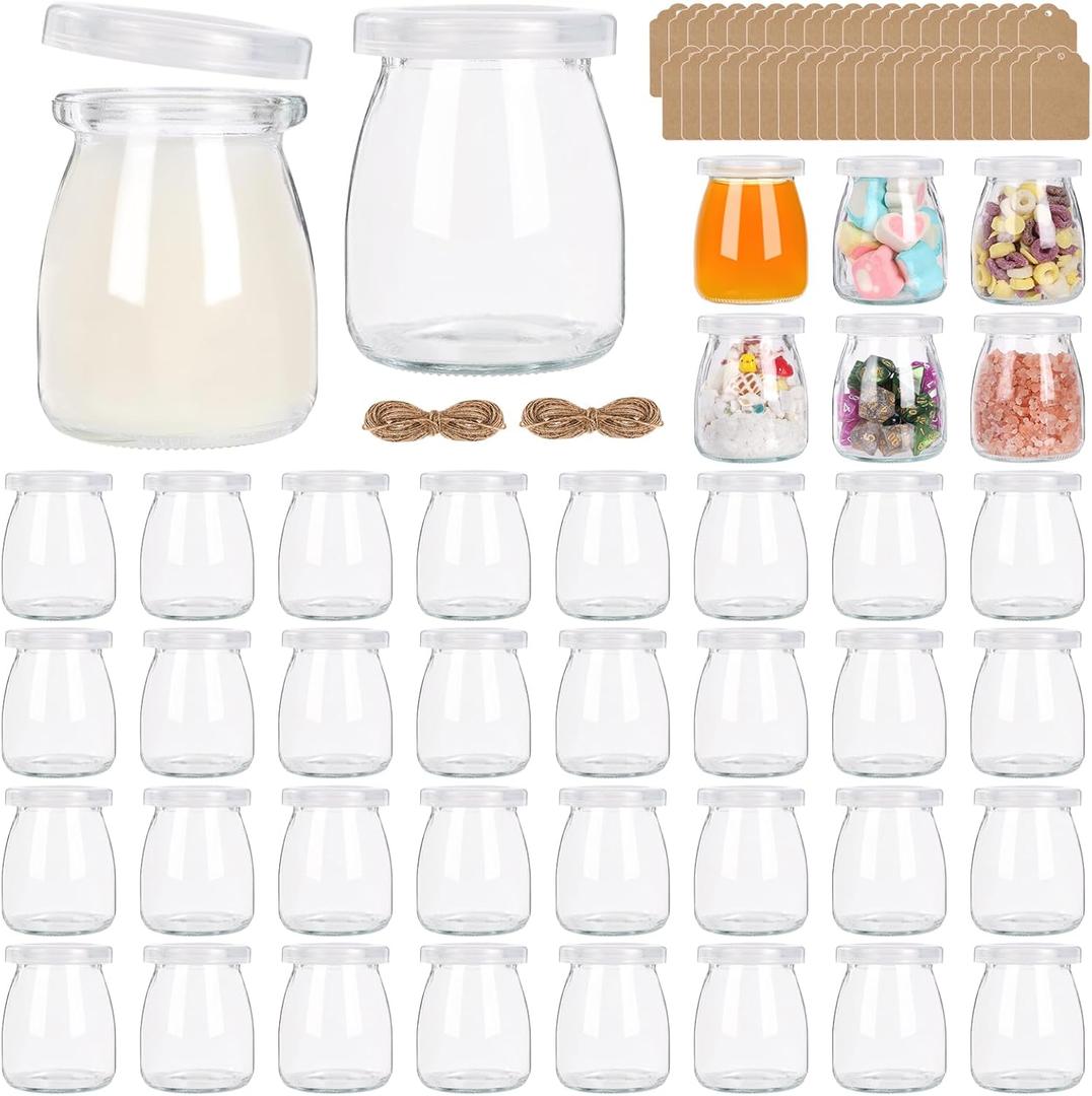 40 Pack 6.7 oz Mini Glass Jars with PE Lids - Small Yogurt/Pudding Containers for Wedding Favors, Honey, Spices & DIY Crafts (Includes Labels & String) (Smooth)